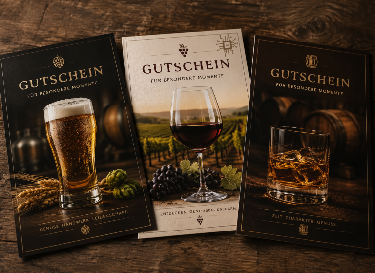 Drei Gutscheine für Bier, Wein und Spirituosen auf einem Holztisch.