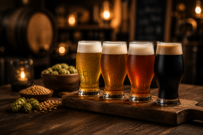 Vier Biergläser in unterschiedlichen Farben stehen auf einem Holztablett, umgeben von Zutaten.