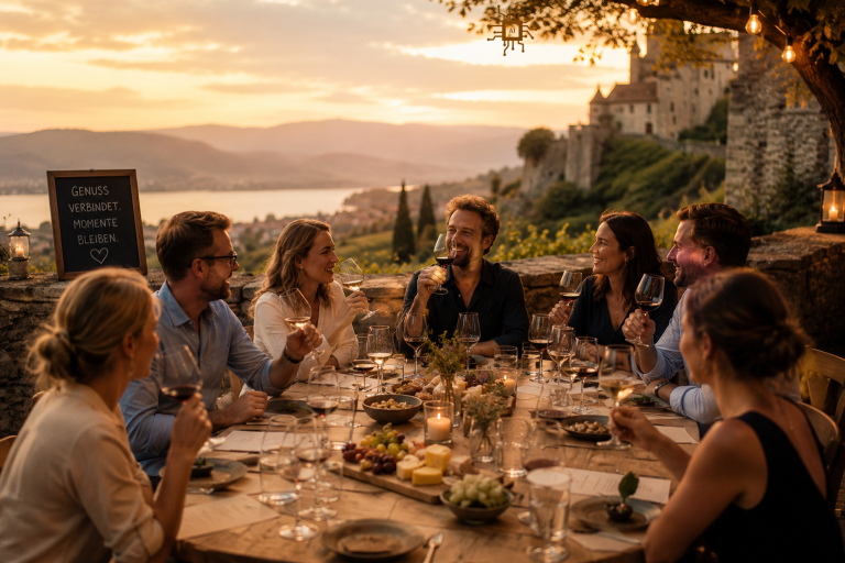 Eine Gruppe von sechs Menschen genießt ein Abendessen bei Sonnenuntergang im Freien.