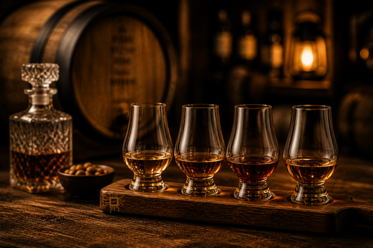Vier Gläser mit Whisky in einer Reihe, dekoriert mit einer Karaffe und einer Holzfassumgebung.
