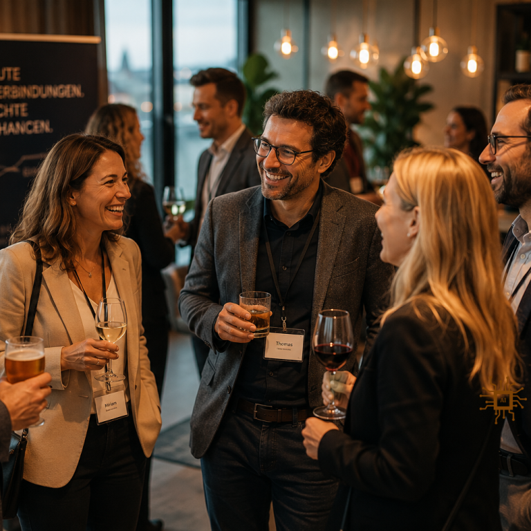 Eine Gruppe von erfolgreichen Menschen lächelt und unterhält sich bei einem Networking-Event.