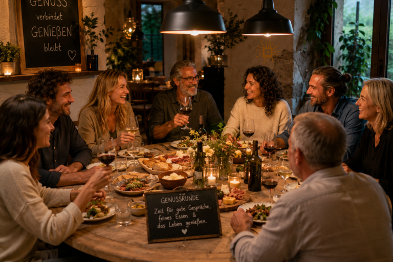 Ein geselliges Abendessen mit Freunden an einem festlich gedeckten Tisch.