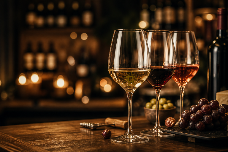 Drei Weingläser mit Rosé, Weißwein und Trauben auf einem Tisch in gedämpftem Licht.